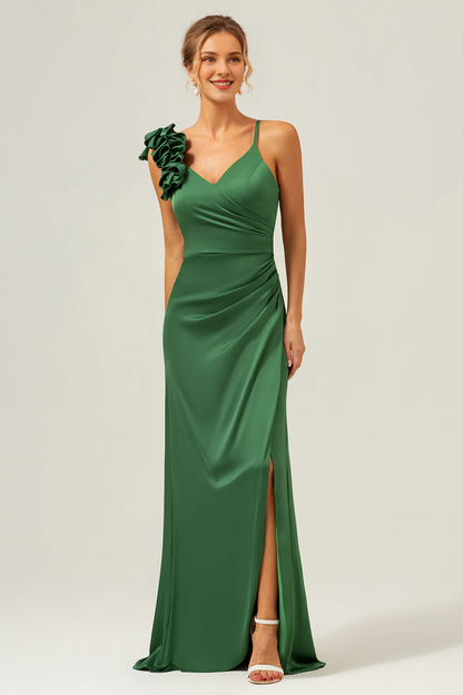 Tight fitting slim shoulder strap pleated satin olive green long slit bridesmaid dress