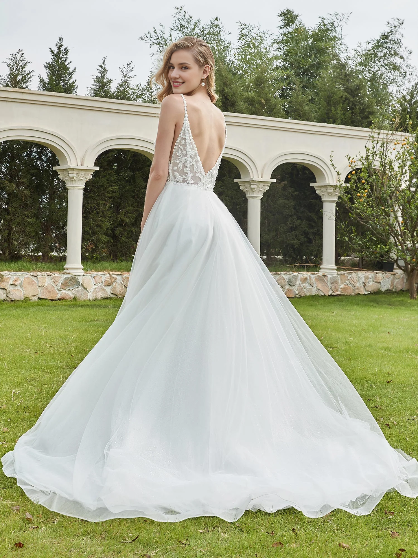 Thin shoulder strap pleated backless A-line bridal gown