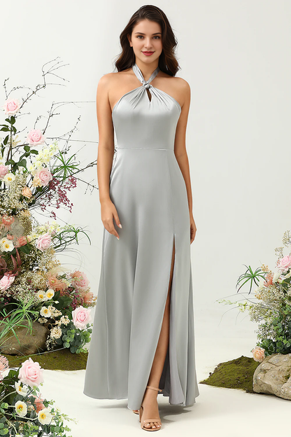 Grey A-line hanging neck shiny satin floor length slit bridesmaid dress