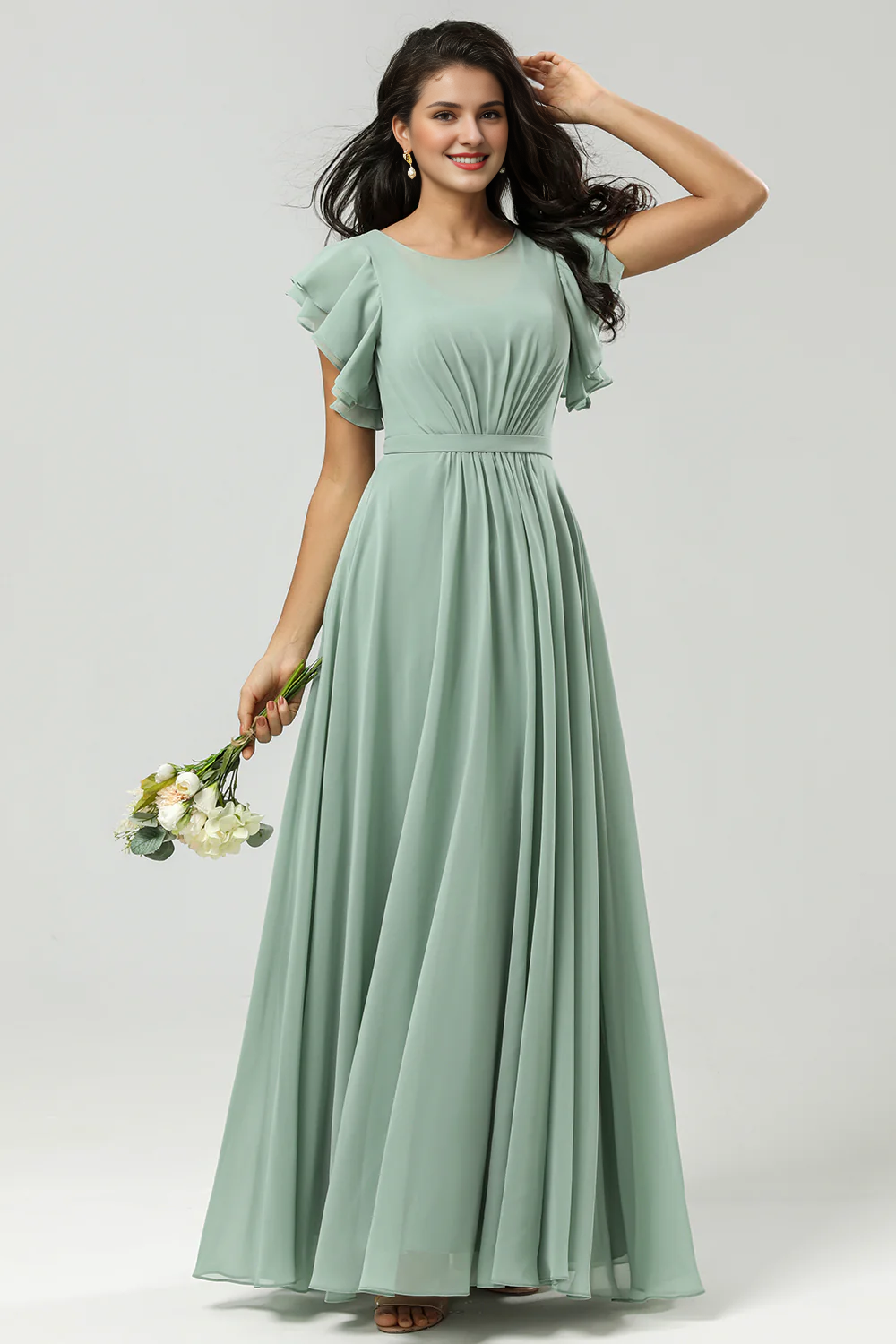 Matcha A-line round neck pleated and ground chiffon bridesmaid dress