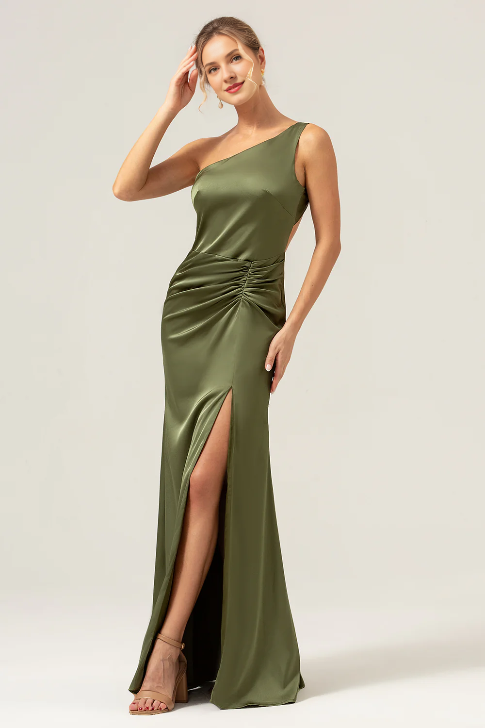 Elegant fish tail one shoulder pleated backless olive slit bridesmaid dress