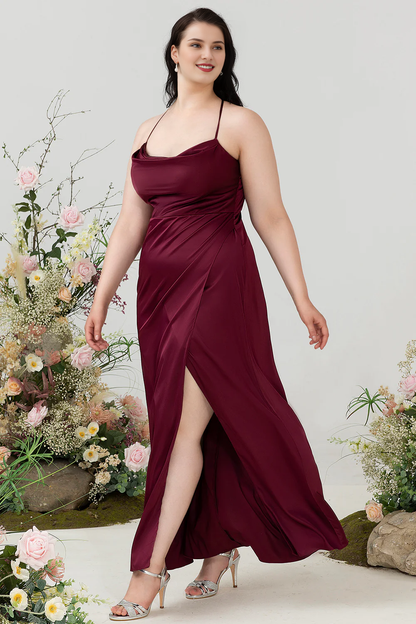 Wine red A-line hanging neck satin plus slit bridesmaid dress