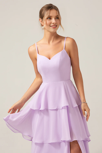 A-line thin shoulder strap layered and floor length slit light purple bridesmaid dress