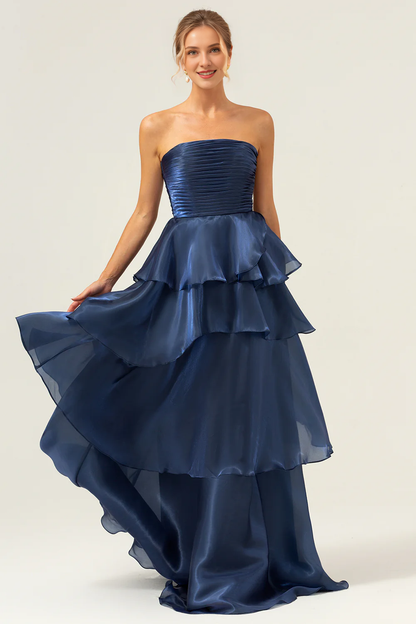 Deep Sea Army Blue A-line strapless layered pleated ruffle hem and floor length bridesmaid dress