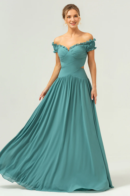 Eucalyptus A-line off shoulder pleated cut and ground length bridesmaid dress