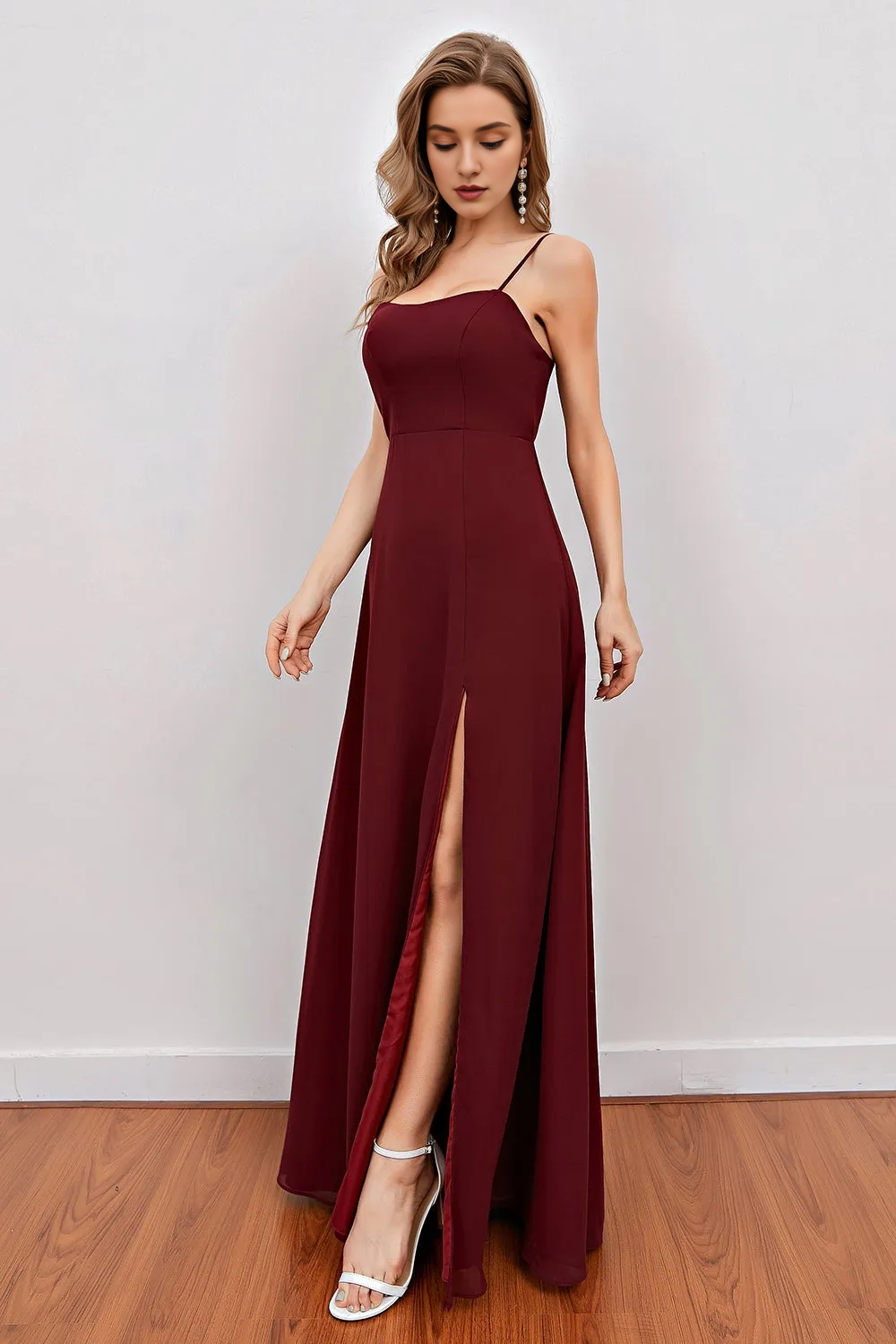 Wine red slit thin shoulder strap long bridesmaid dress