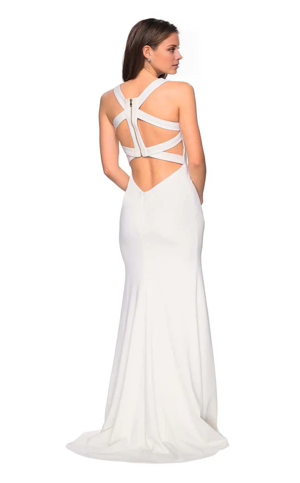 Square neck and thigh high slit tight and floor length evening gown