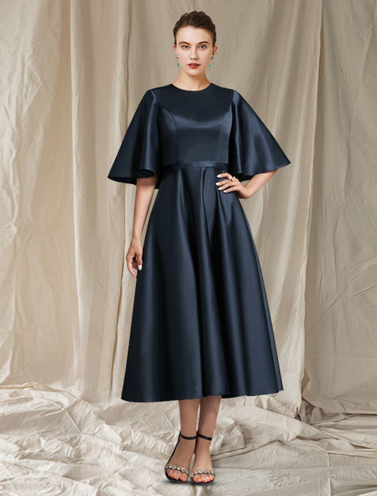 A-Line Mother of the Bride Dress Elegant Jewel Neck Tea Length Satin Half Sleeve with Pleats