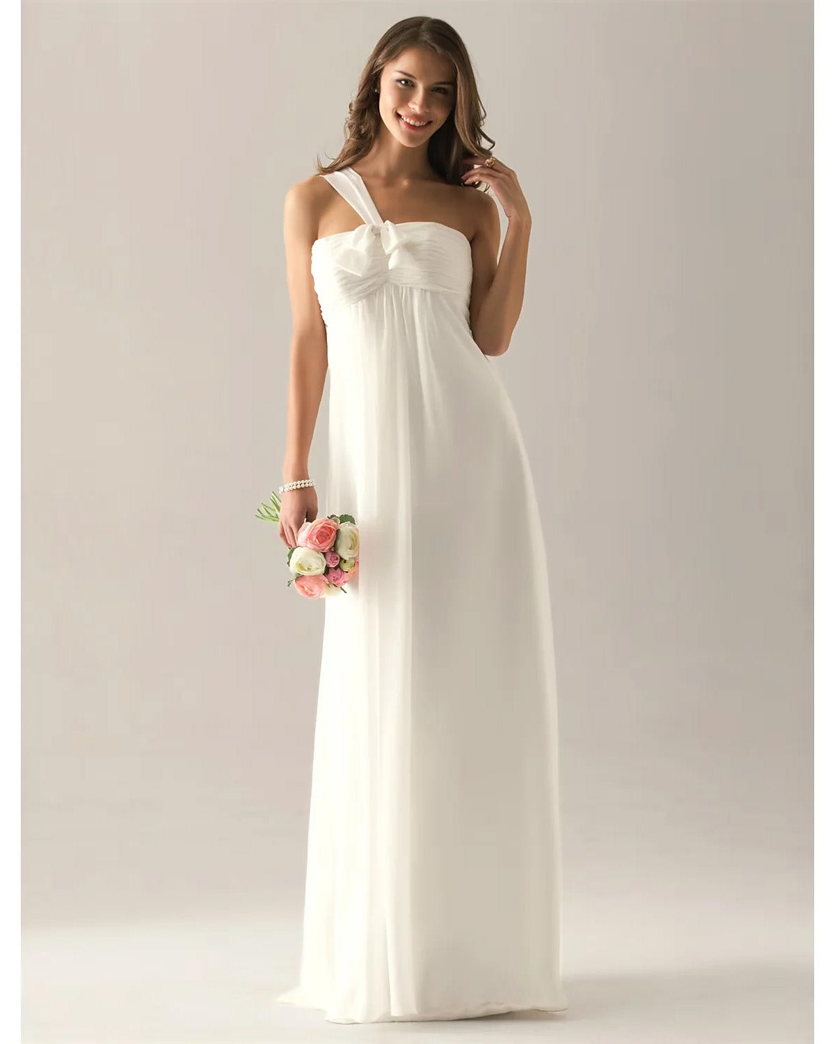 Sheath / Column Bridesmaid Dress One Shoulder Sleeveless Elegant Floor Length Chiffon with Bow(s) / Pleats / Ruched