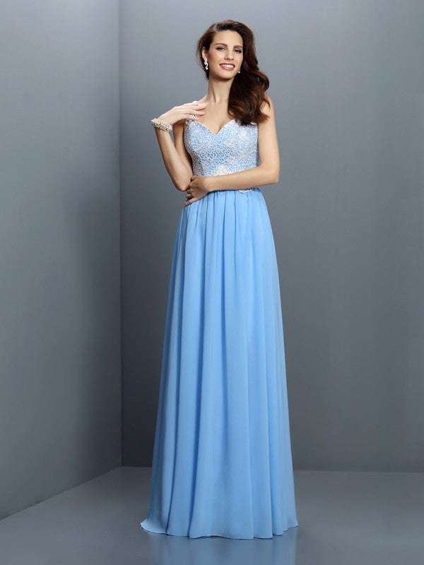 A-Line/Princess V-neck Lace Sleeveless Long Chiffon Bridesmaid Dresses