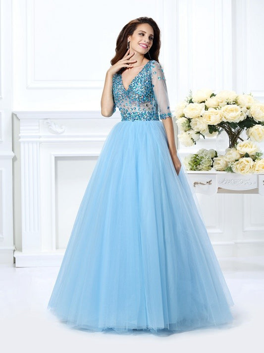 Ball Gown V-neck Beading 1/2 Sleeves Long Satin Quinceanera Dresses