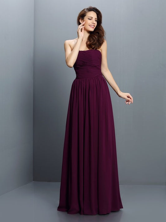 A-Line/Princess Strapless Pleats Sleeveless Long Chiffon Bridesmaid Dresses