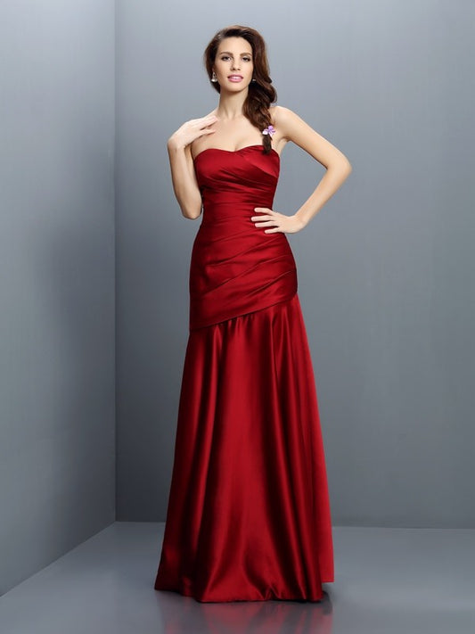 A-Line/Princess Strapless Ruched Sleeveless Long Satin Bridesmaid Dresses