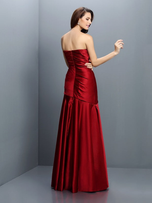 A-Line/Princess Strapless Ruched Sleeveless Long Satin Bridesmaid Dresses