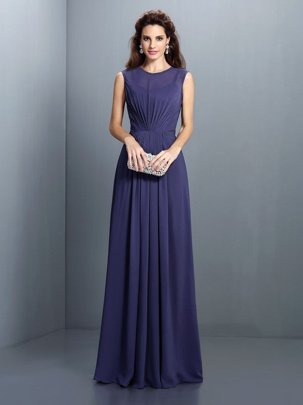 A-Line/Princess High Neck Pleats Sleeveless Long Chiffon Bridesmaid Dresses