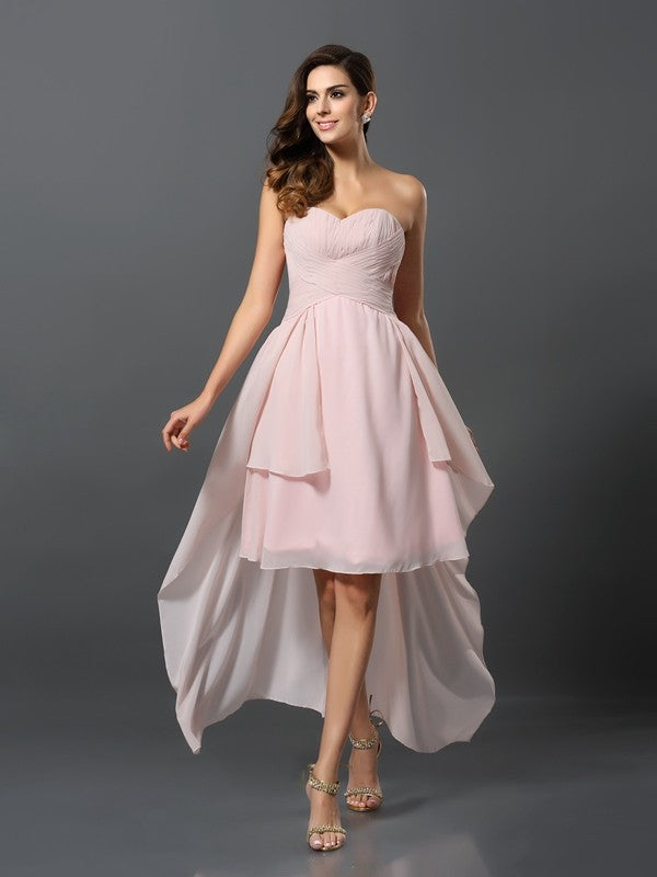 A-Line/Princess Sweetheart Pleats Sleeveless High Low Chiffon Bridesmaid Dresses