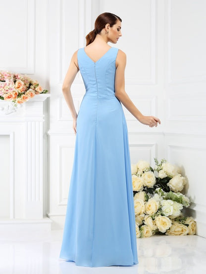 Sheath/Column V-neck Beading Sleeveless Long Chiffon Bridesmaid Dresses