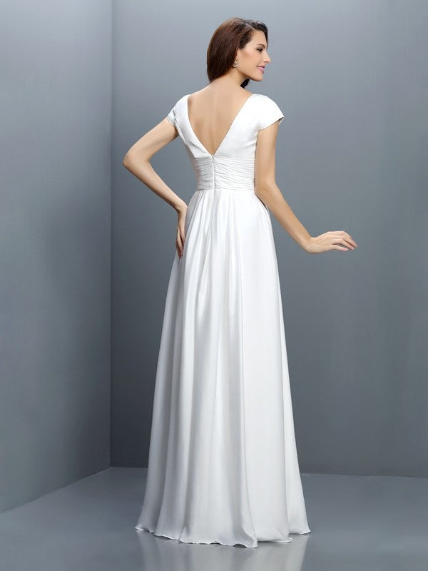 A-Line/Princess V-neck Pleats Short Sleeves Long Chiffon Bridesmaid Dresses