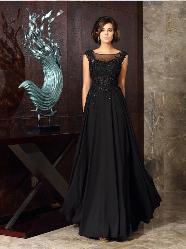 A-Line Chiffon Scoop Sleeveless Floor-Length With Applique Mother of the Bride Dresses