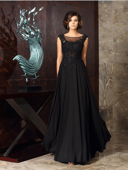 A-Line Chiffon Scoop Sleeveless Floor-Length With Applique Mother of the Bride Dresses