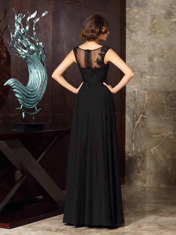 A-Line Chiffon Scoop Sleeveless Floor-Length With Applique Mother of the Bride Dresses