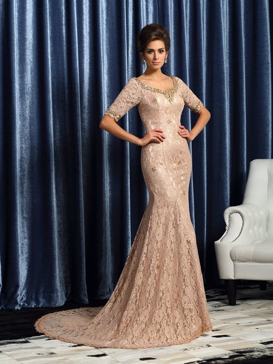 Mermaid  Woven Satin V-neck 1/2 Sleeves Court Train With Lace Mother of the Bride Dresses