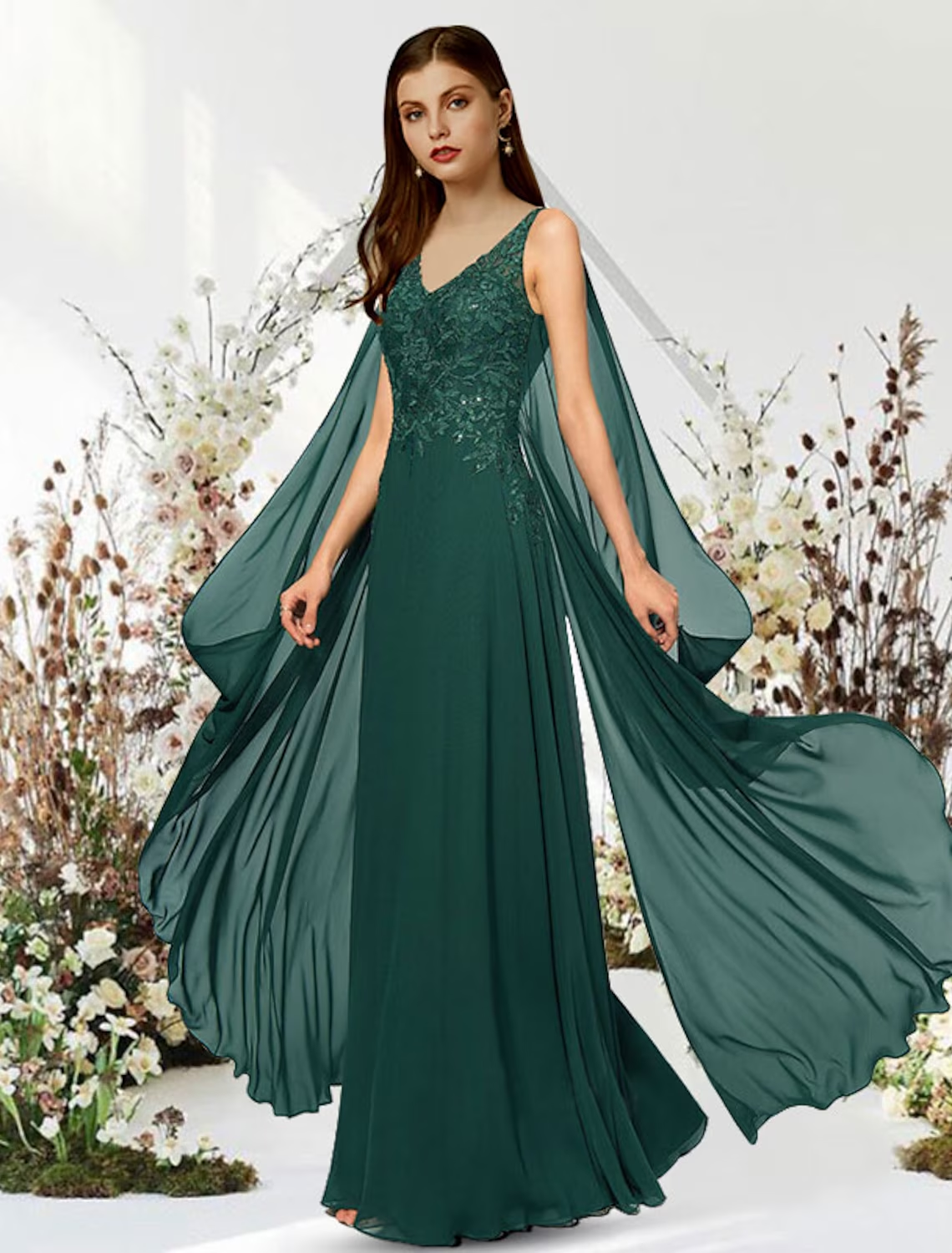 A-Line Empire Elegant Engagement Formal Evening Dress V Neck Sleeveless Floor Length Chiffon