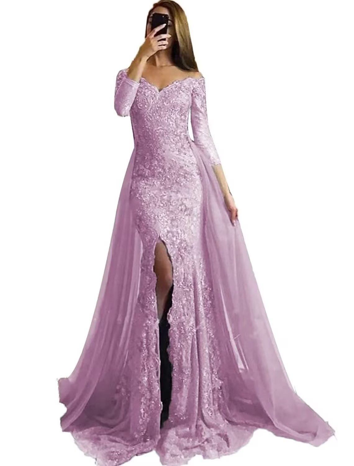 Evening Gown Floral Dress Formal Long Sleeve Off Shoulder Chiffon with Sequin Slit Appliques