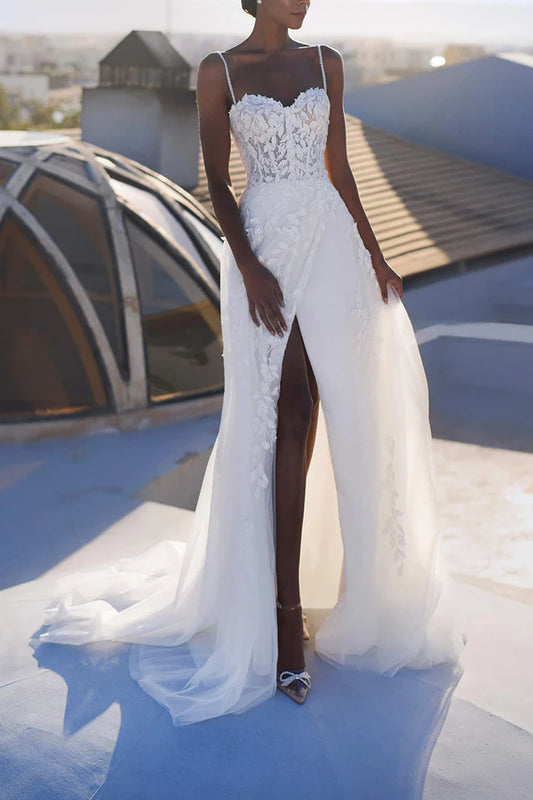 A-line thin shoulder strap lace decal romantic wedding dress
