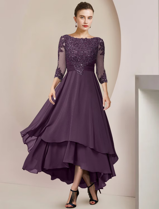 A-Line Mother of the Bride Dress Formal Wedding Guest Elegant High Low Scoop Neck Asymmetrical Chiffon Lace Sleeve with Sequin Tier Appliques