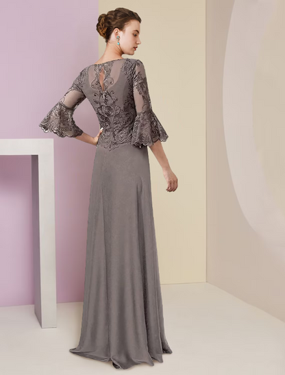 A-Line Mother of the Bride Dress Formal Elegant V Neck Lace Stretch Chiffon Sleeve with Beading Appliques
