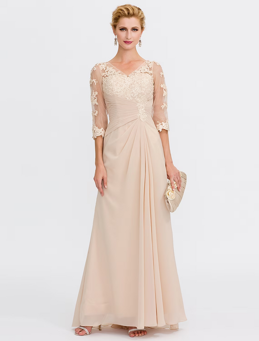 A-Line Mother of the Bride Dress Plus Size Elegant  V Neck Floor Length Chiffon Half Sleeve with Appliques Side Draping
