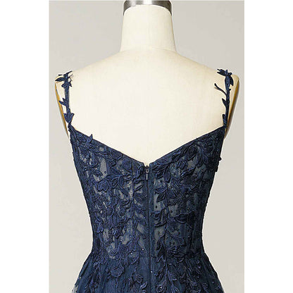 A Line Thin Shoulder Strap Open Back Navy Blue Applique Prom Dress