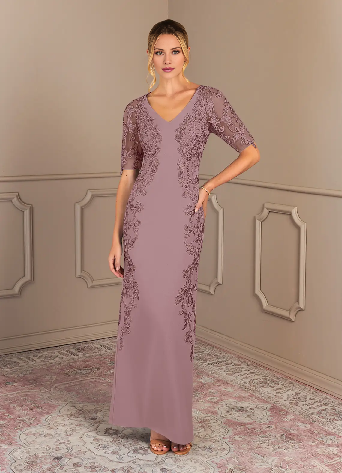 Tight lace crepe and floor length mothers of the bride dresses