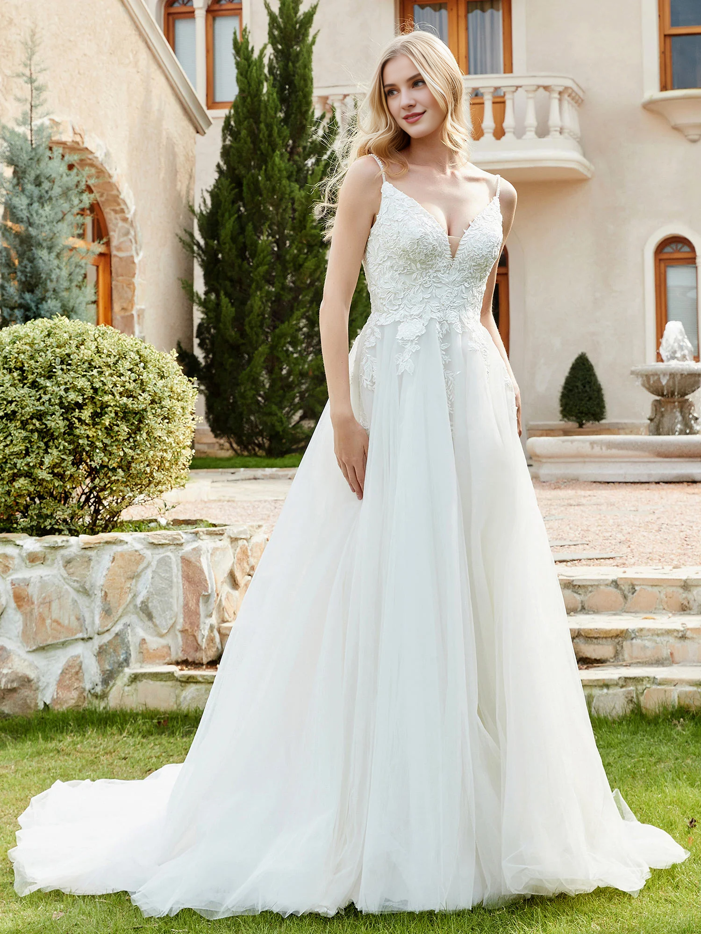 Lace chiffon pleated church trailing wedding dress