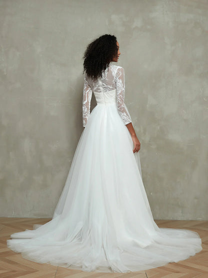 Lace top fantasy collar sheer dress wedding dress