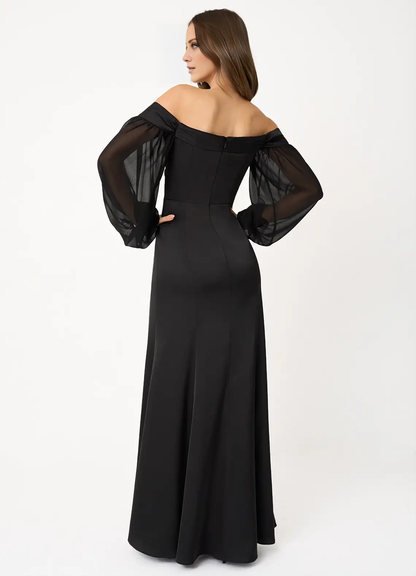 Off shoulder collar transparent bubble sleeves side slits and floor length evening gowns