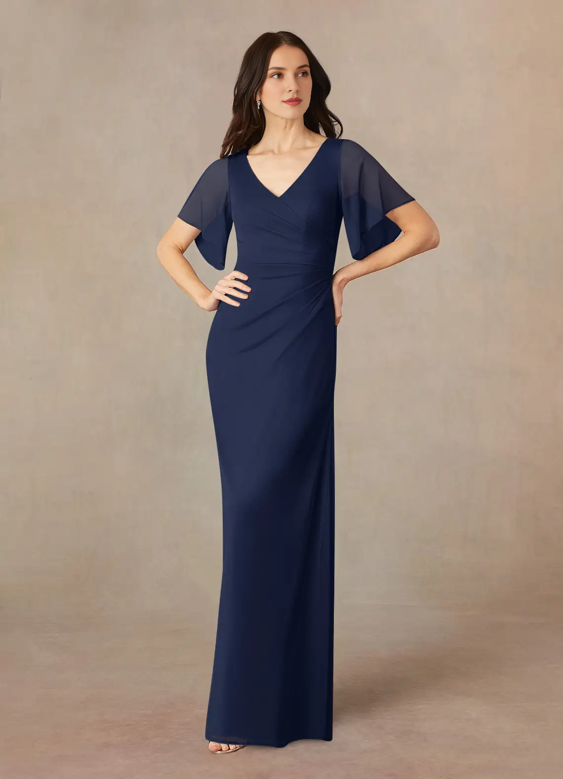 A-line V-neck pleated mesh and floor length mother of the bride dress