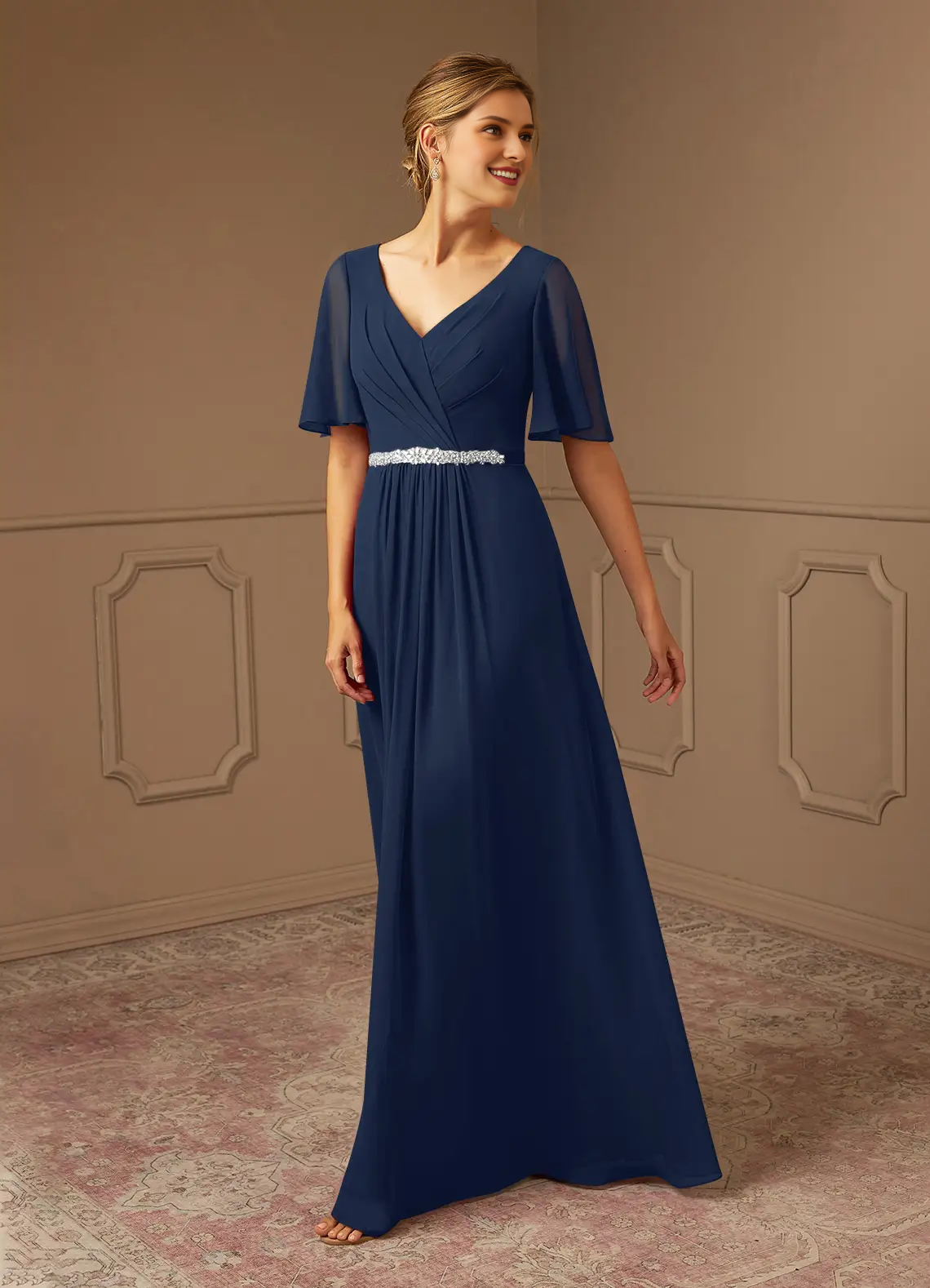 A-line V-neck pleated chiffon and floor length mother of bride dress