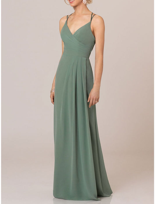 A-Line Bridesmaid Dress Straps / Spaghetti Strap / V Neck Sleeveless Elegant Floor Length Chiffon / Shantung / Imitated Silk with Pleats / Draping / Ruching