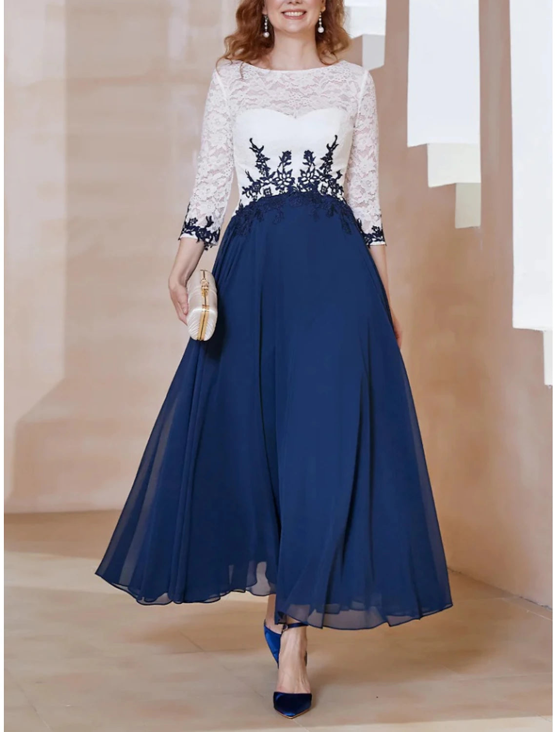 A-Line Mother of the Bride Dress Wedding Guest Elegant Scoop Neck Ankle Length Chiffon 3/4 Length Sleeve with Lace Ruching