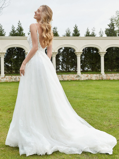 Thin shoulder strap V-neck backless bridal gown