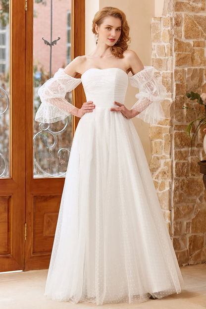 White chiffon off shoulder and floor length wedding dress