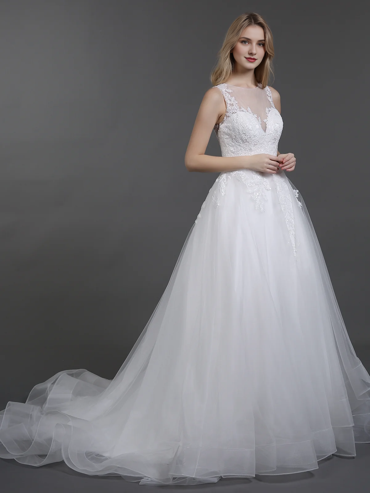 Illusion collar lace chiffon wedding dress