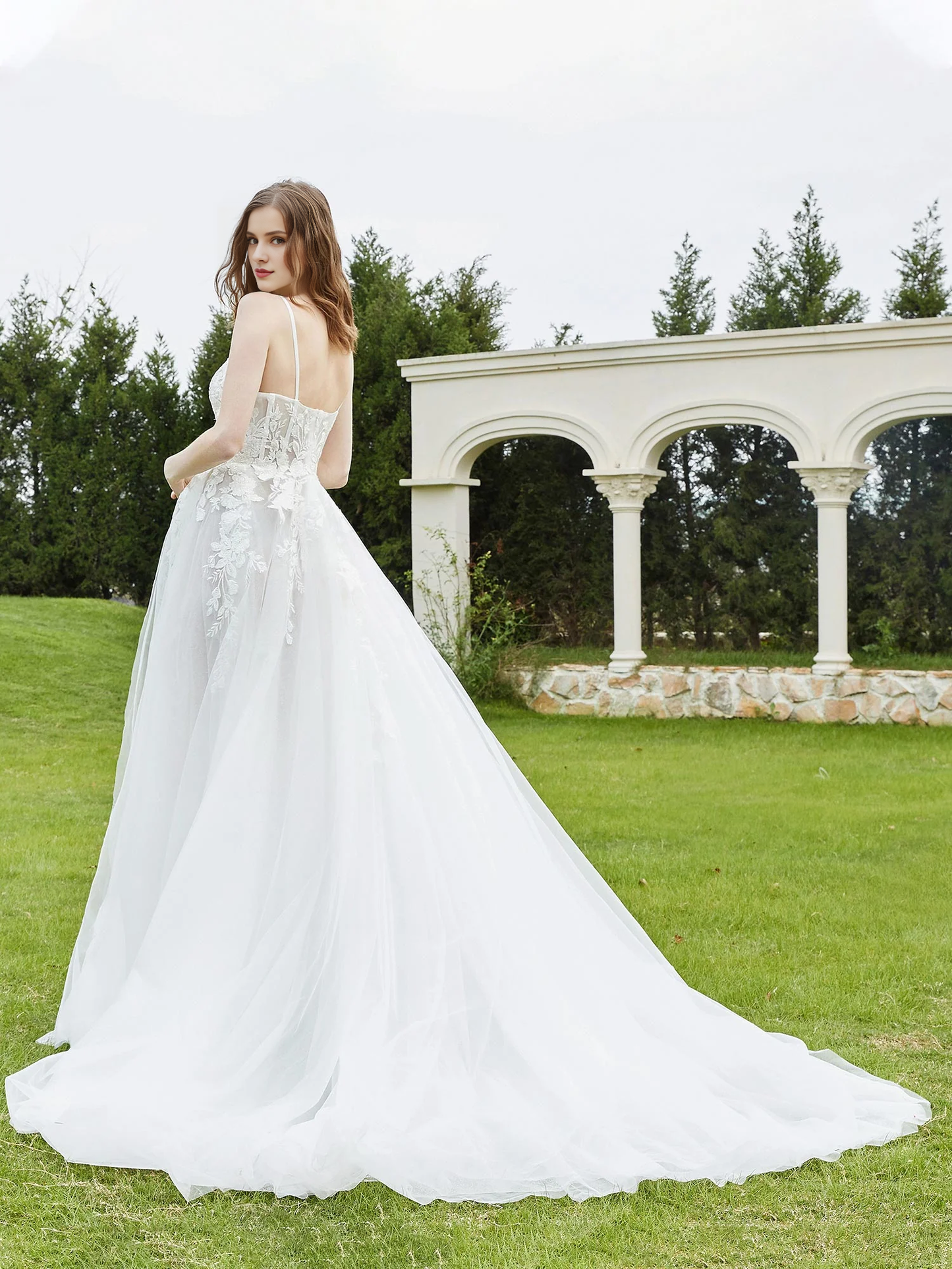 Thin shoulder strap chiffon church trailing wedding dress