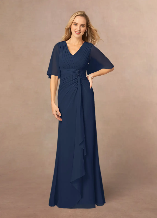 A-line V-neck lace chiffon and floor length mother of the bride dress