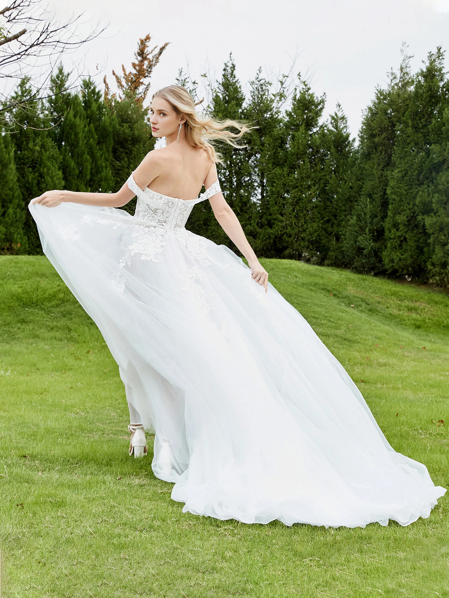 Embroidered off shoulder A-line wedding dress