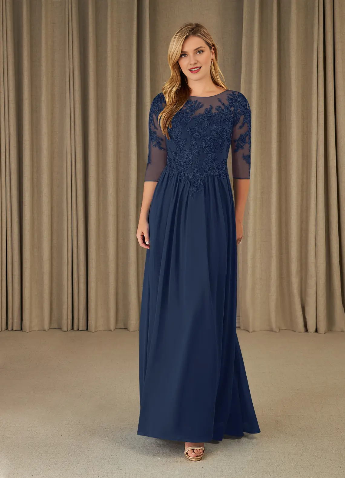 A-shaped spoon lace chiffon and floor length mother of the bride dress