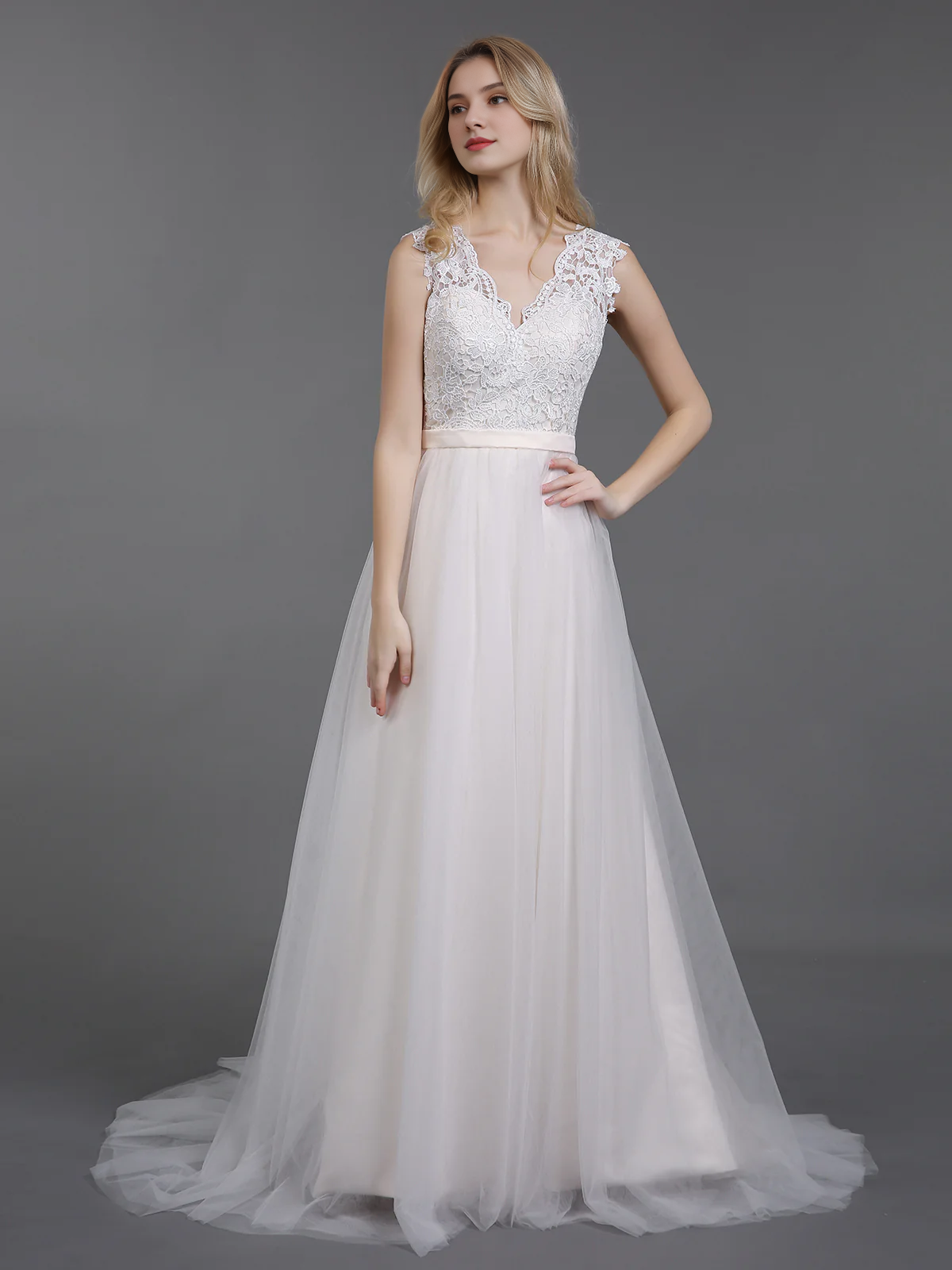 V-neck lace chiffon beach wedding dress