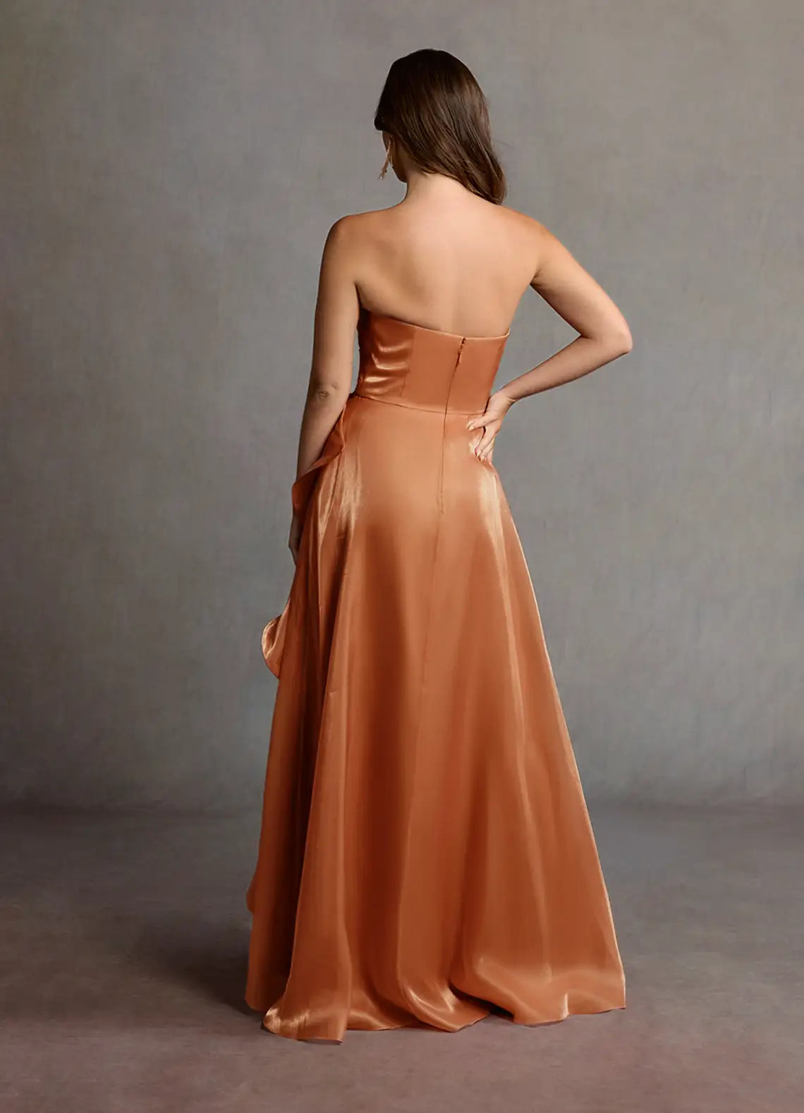 Strapless satin chiffon ruffles and floor length evening gowns